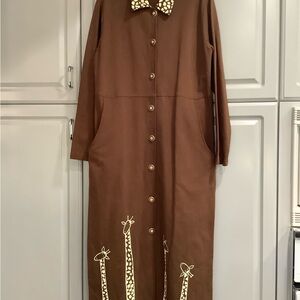 CITE Vtg Giraffe Theme Animal Print Button-Up Maxi Length Dress, Pockets